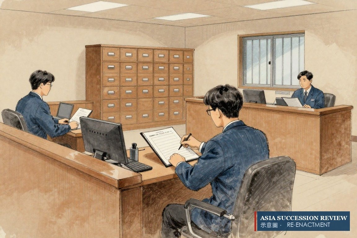 A bailiff waits as a clerk checks a share register — Korean-situs shares reached by a Korean court.