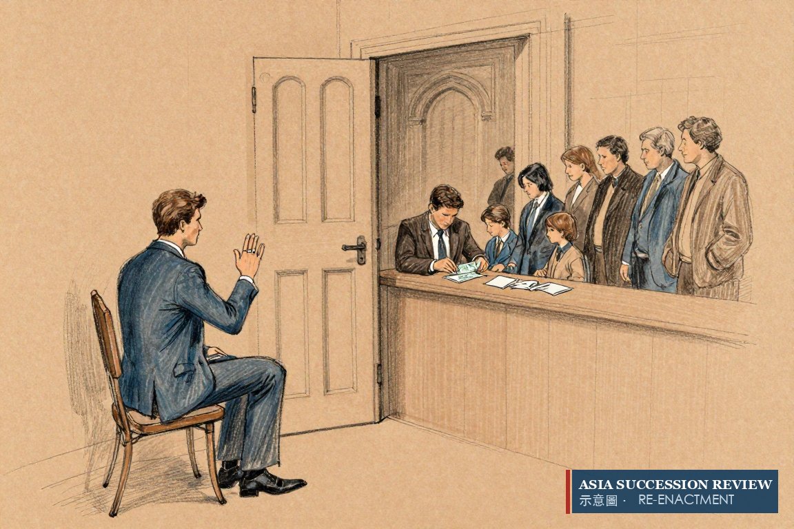 A man waits outside a closed door while envelopes are handed out within: the sanction runs before the appeal.