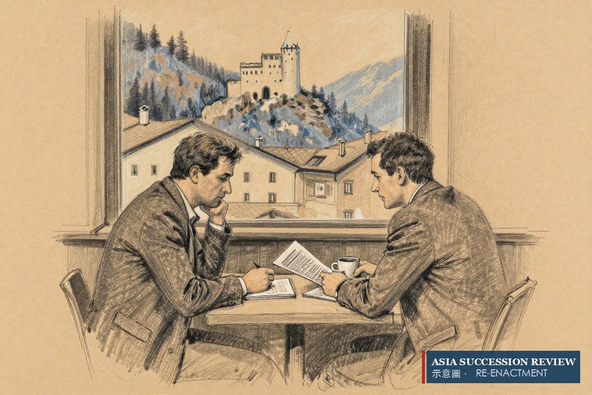 Two men speak quietly to a journalist in an Alpine café: the lawsuit threat reported on 18 September 2026.