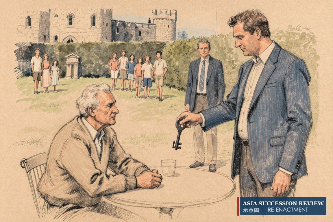 An old man hands a key to his eldest son below a castle, family on the lawn: the 2004 delegation.