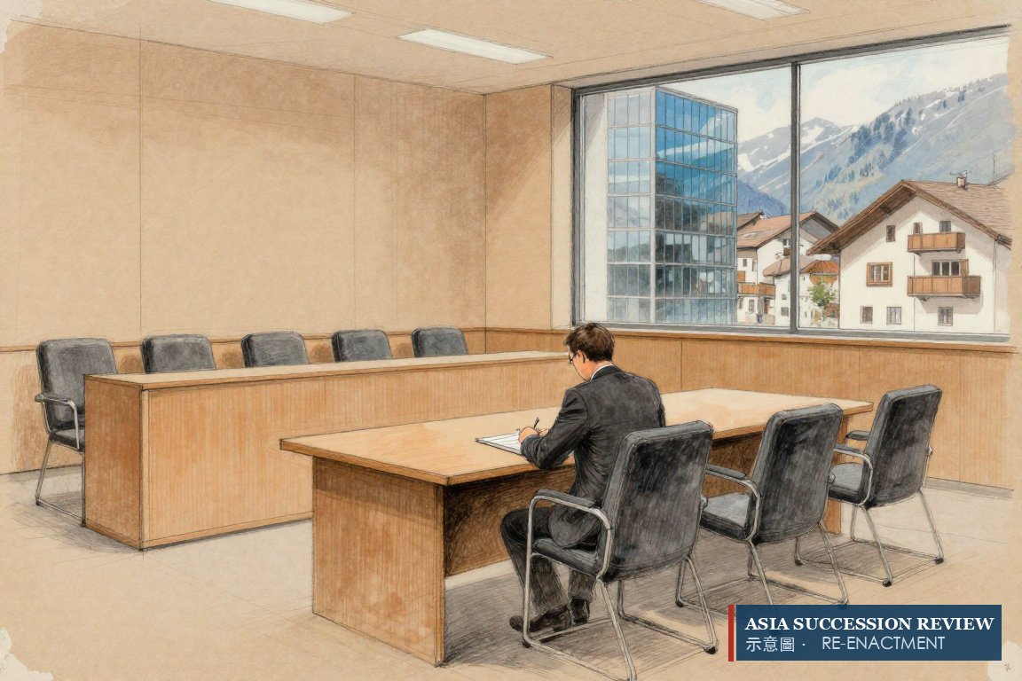 One man at the head of an empty bank table, three chairs pushed into one: the three inseparable offices.