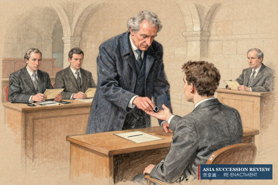 A family head lifts a signet ring from a seated man's palm as ballots drop: discipline and the secret vote.