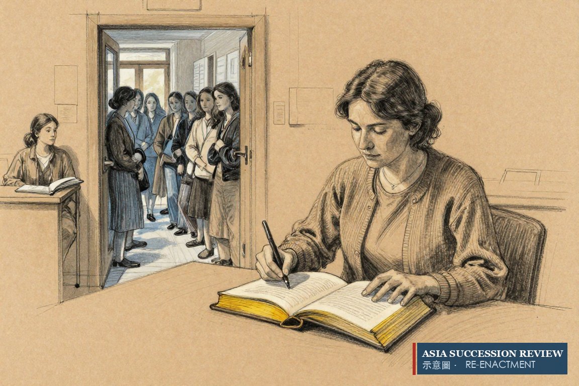A scholar compares old and new volumes as young women wait at the door: the vote extended to daughters.