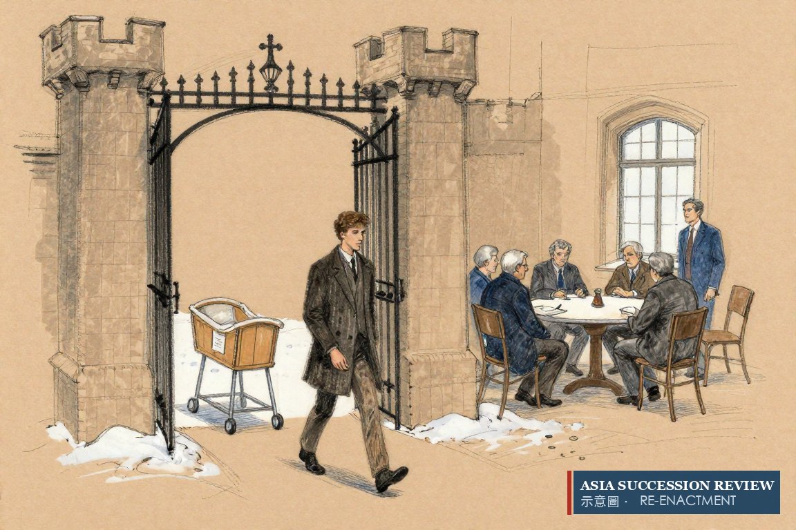 A young man leaves a castle gate past an empty cradle; five sit at a round table: renunciation, new council.