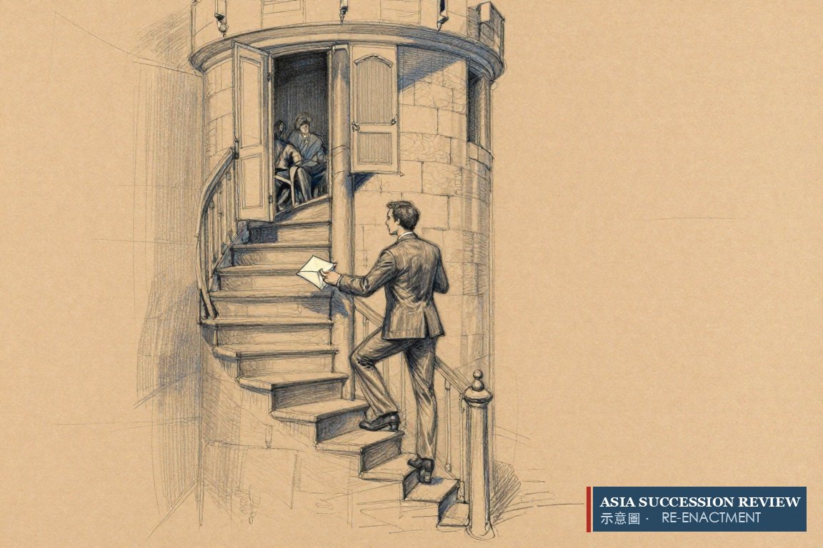 A man climbs a castle stair with an envelope to a doorless landing: the appeal ends inside the family.