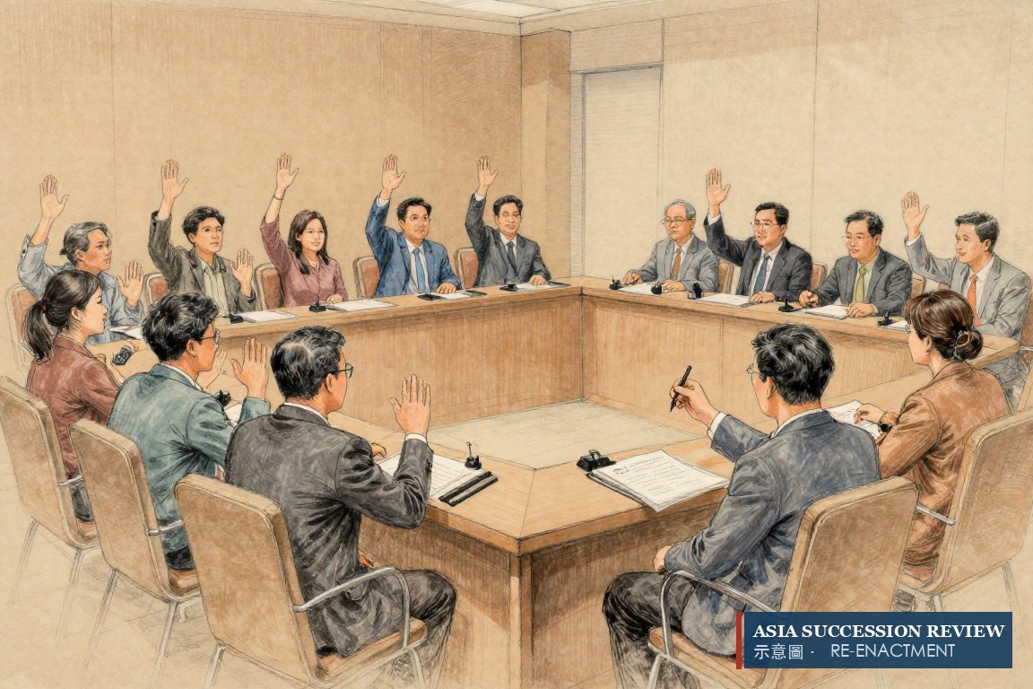 Nine of twelve hands raised at a family company meeting: three-quarters of those voting passes a special resolution.