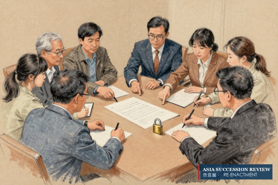 Eight family members each press a thumb to one sheet beside a padlock: an entrenching provision needs everyone.