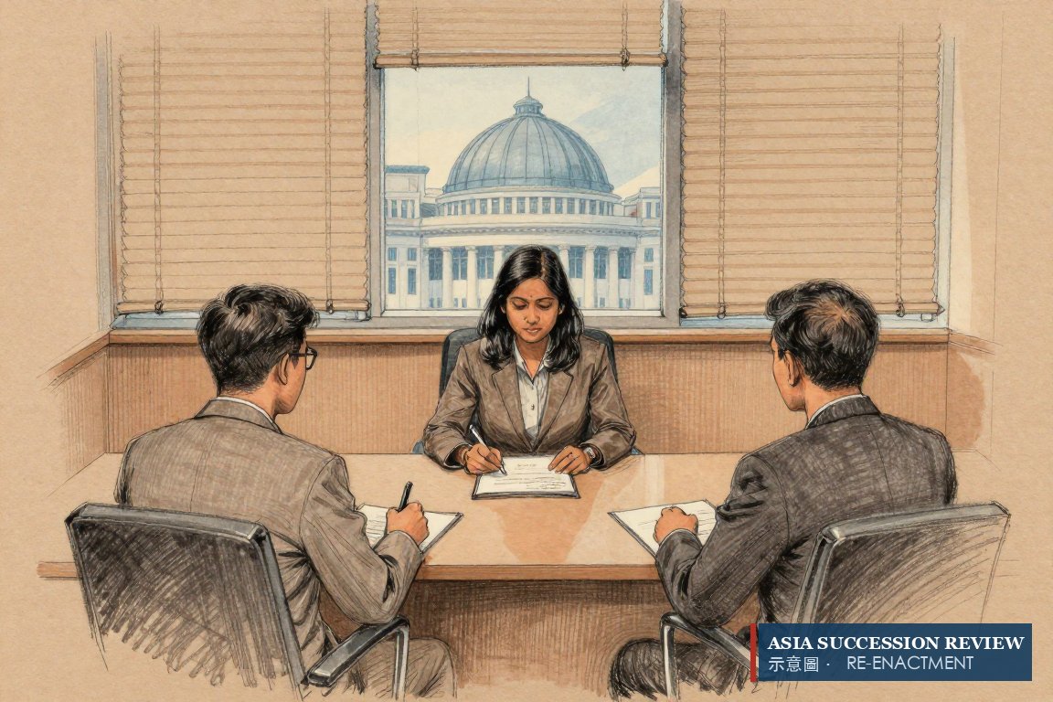 Two brothers before a private arbitrator with the courthouse visible outside: confidential, enforceable, not sovereign.