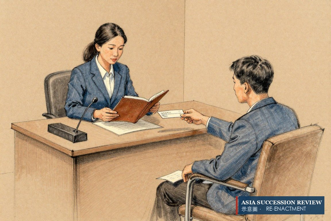 A trustee pays out under an open deed beside an empty founder's chair: discretion by deed, not by decree.