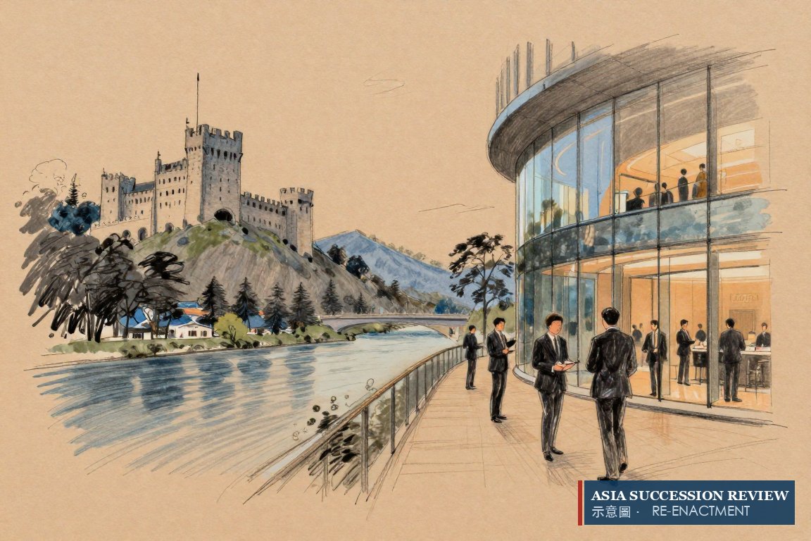A castle on one bank, a bank lobby on the other, no bridge: nothing in Singapore reaches Vaduz.