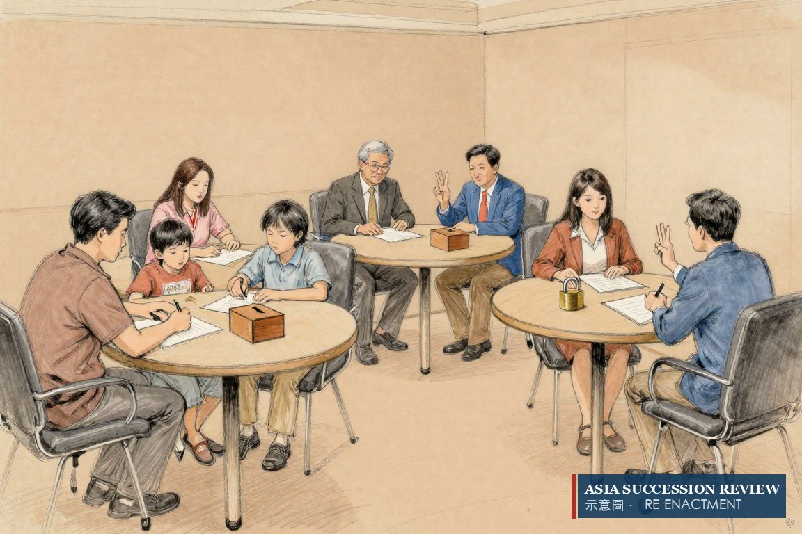 Four families at four tables with the same ballot box, folder and padlock: three questions for every charter.