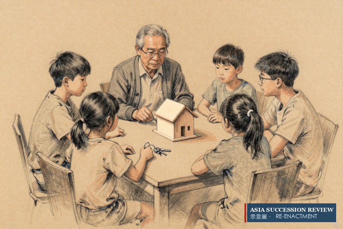 A father and three adult children around a table, a small wooden house between them, unspoken questions.