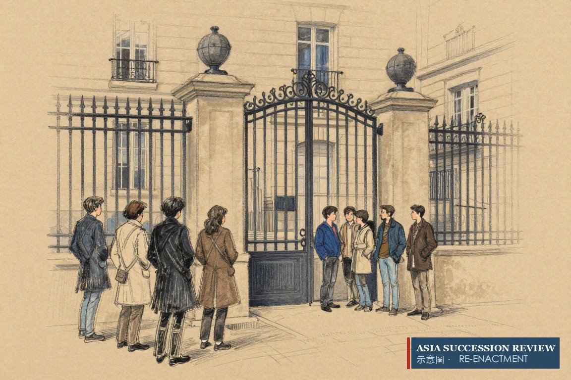A closed iron gate: investors outside on the pavement, five siblings together in the courtyard.