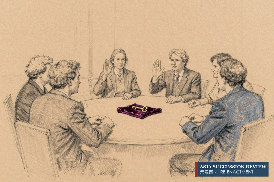 Three of five siblings raise their hands; a brass key lies untouched in the centre.