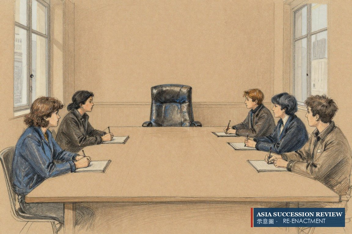 An empty chair at the head of the table, five siblings looking at it.
