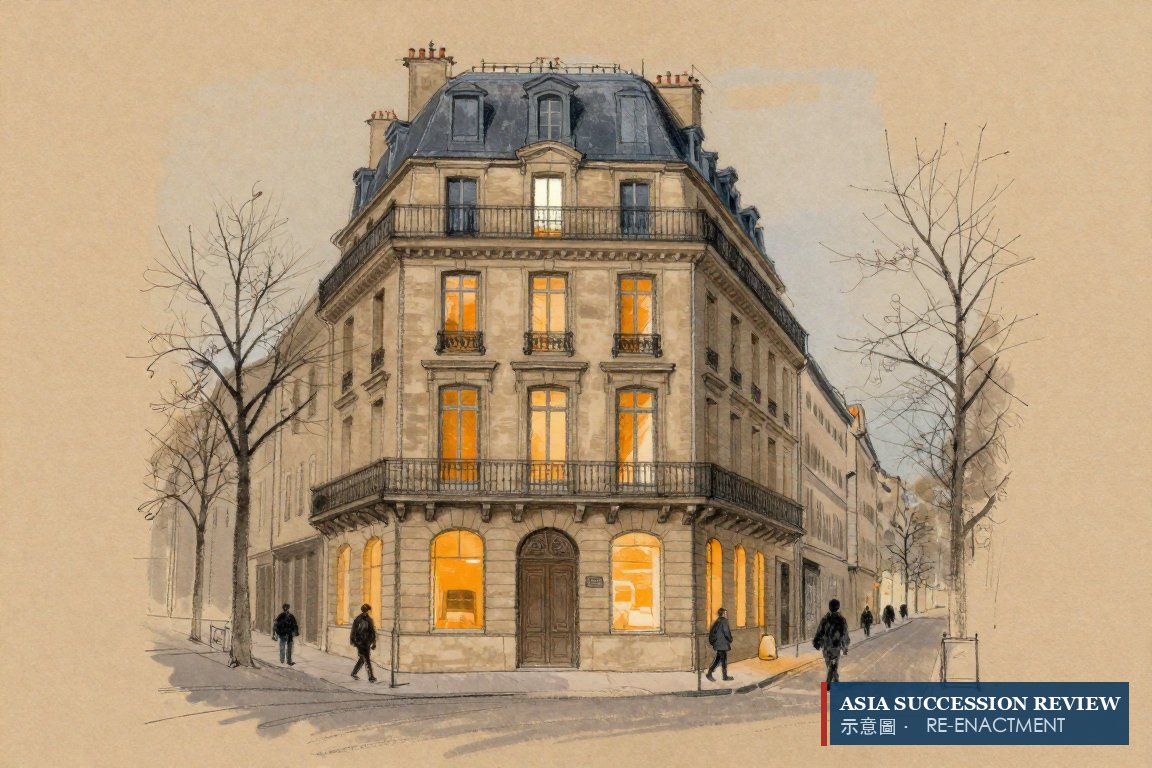 Four stacked floors of one Paris building, lit one above another: the chain of holding companies.