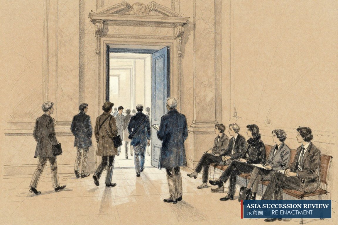 Minority investors in a Paris hall, some leaving through a doorway, some staying seated.