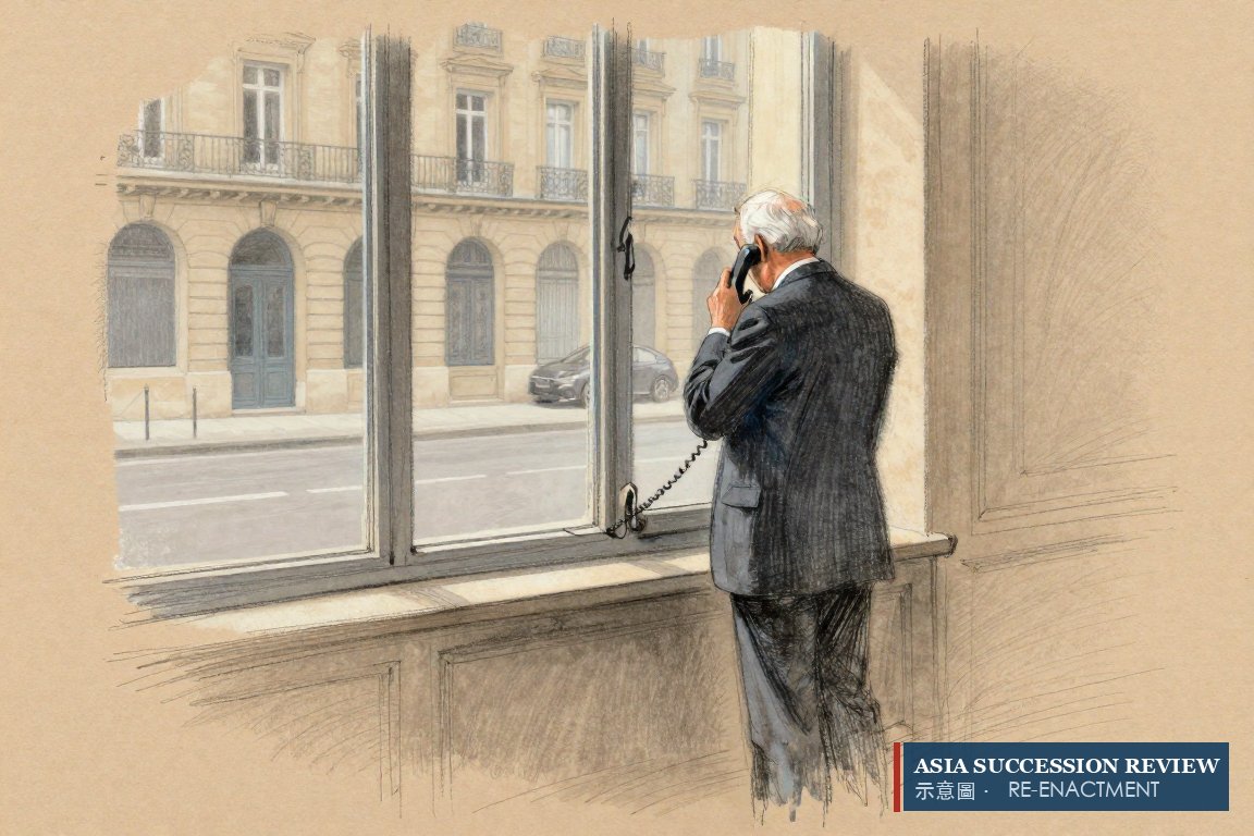 An elderly chairman alone at a window on a Sunday, telephone in hand.
