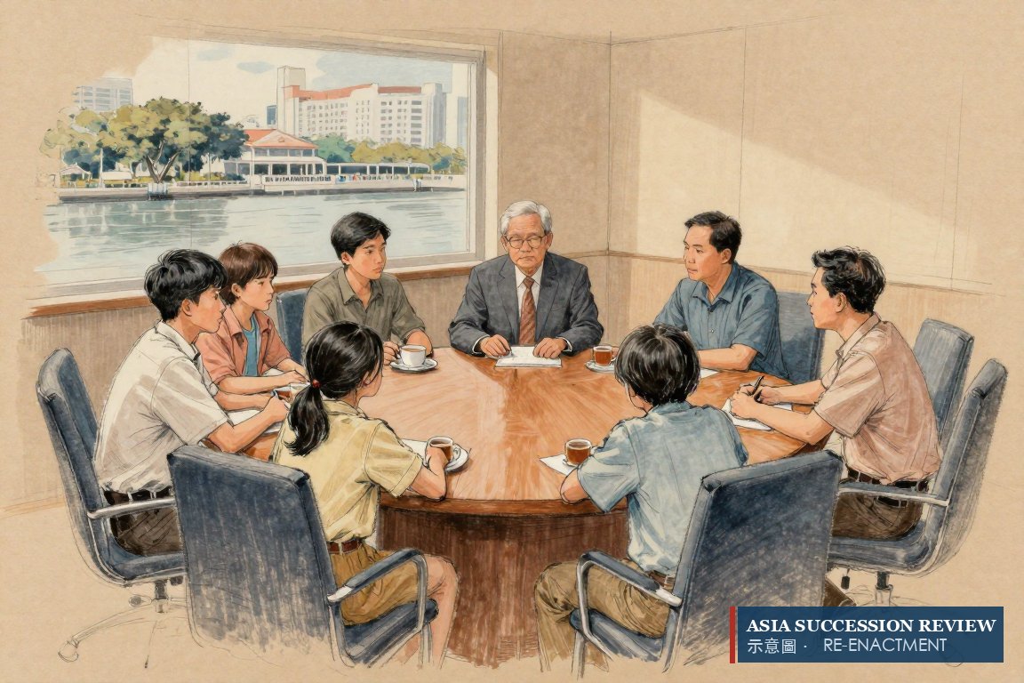 A Singapore founder and his five children around a rosewood table with their lawyer.