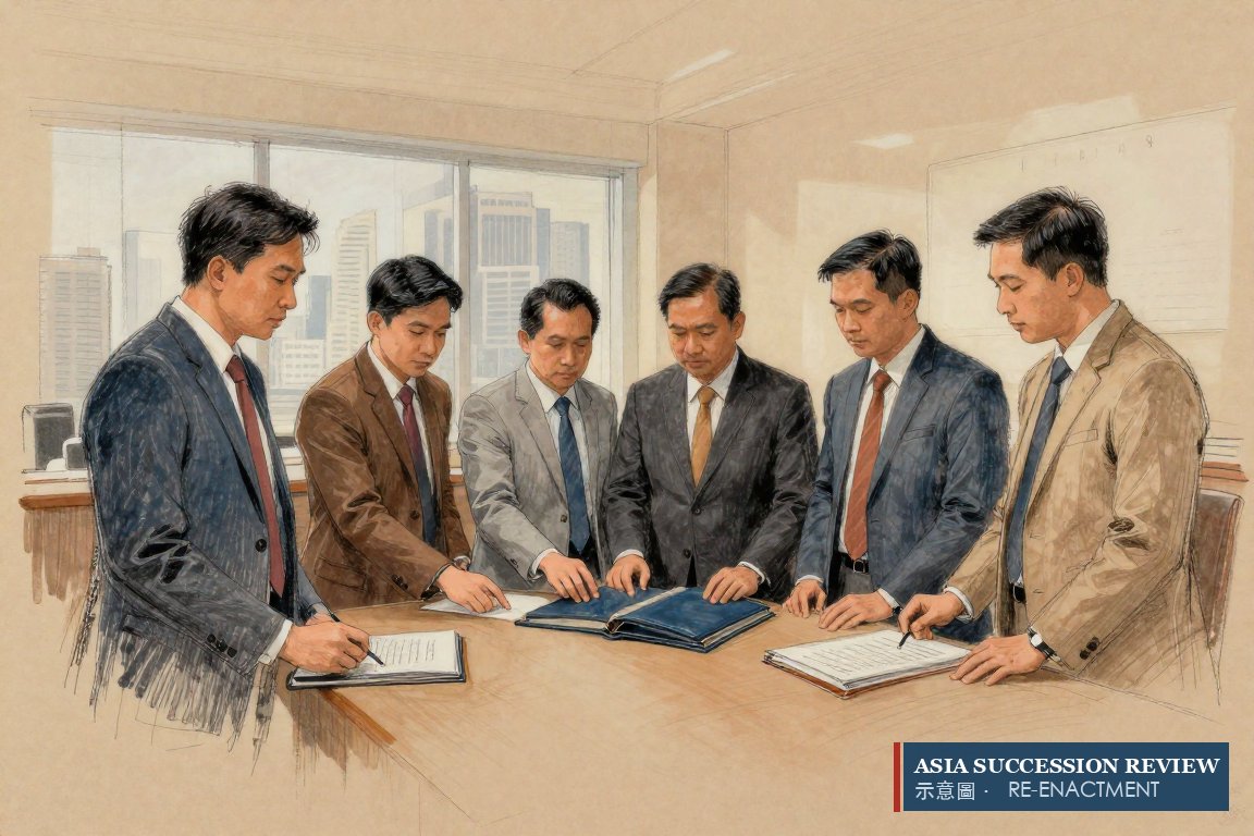 Five siblings each rest a hand on the same closed binder, a notary a step behind.