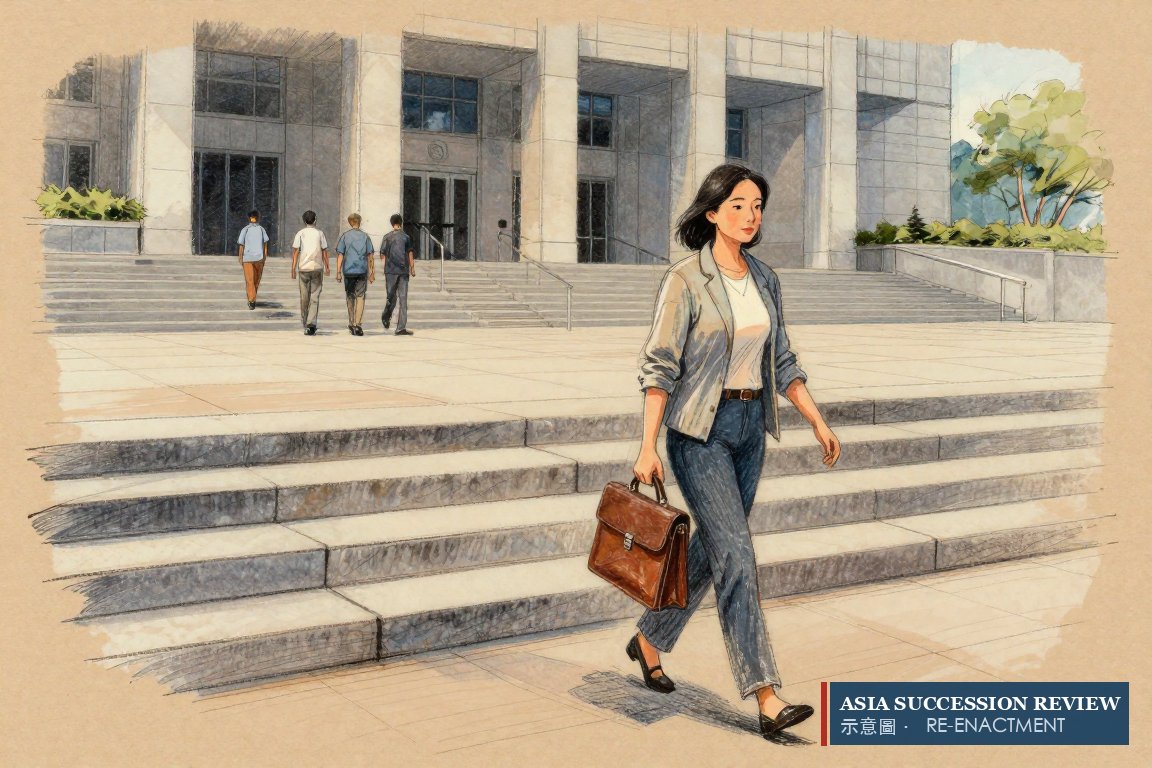 A sister walks alone up courthouse steps; her four siblings stand far behind.