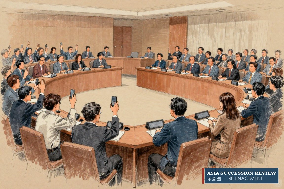 Shareholders in a Singapore ballroom raising voting handsets towards the directors' table.
