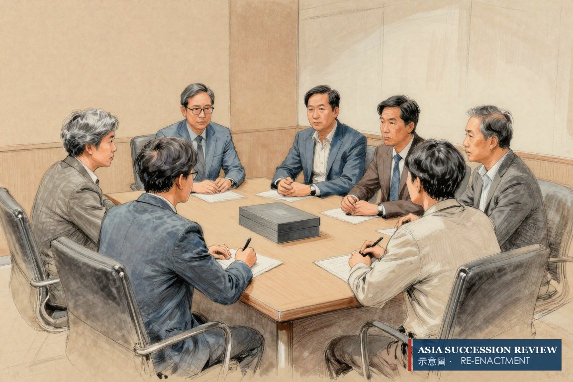Five siblings and one independent director around a trust company table, a deed box in the centre.