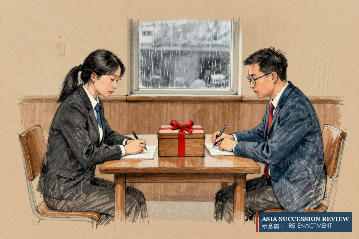 Two lawyers across a table, a ribboned box unopened between them.