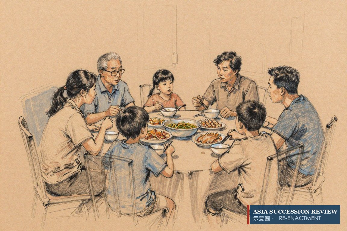 A family at dinner, a daughter leaning forward to ask her question.