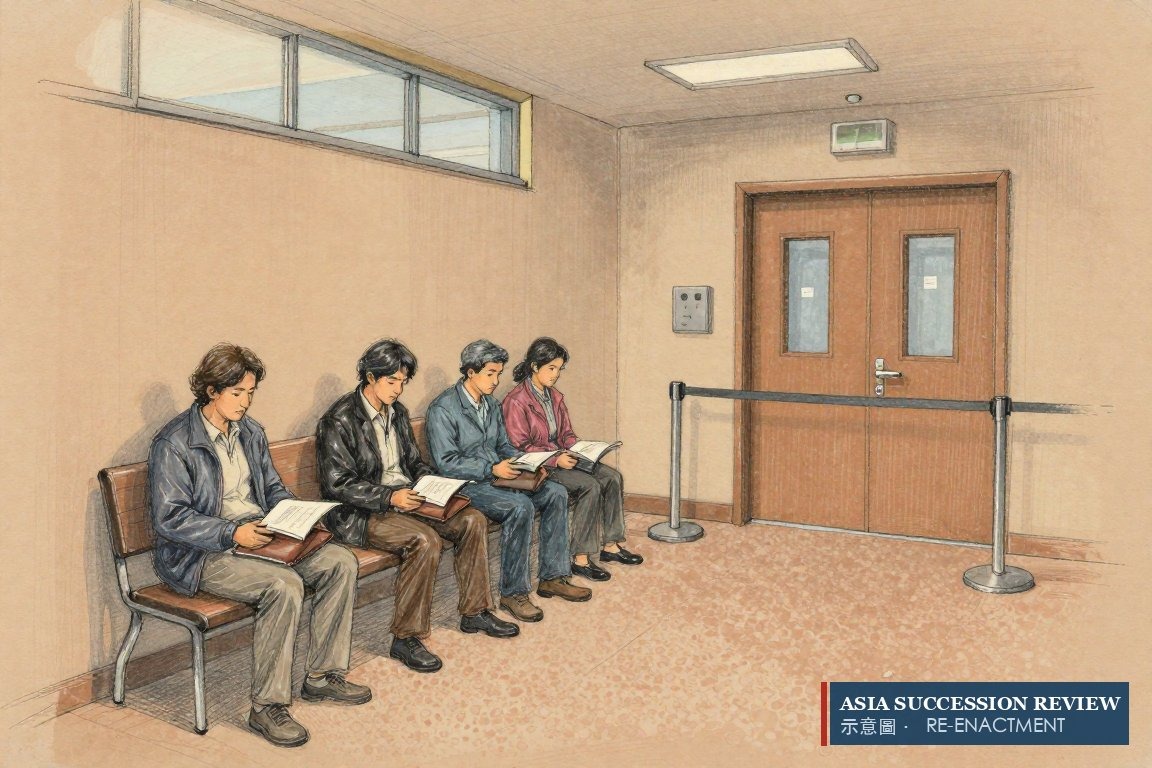 Four heirs wait on a registry bench before a locked door — every other asset frozen by the death.