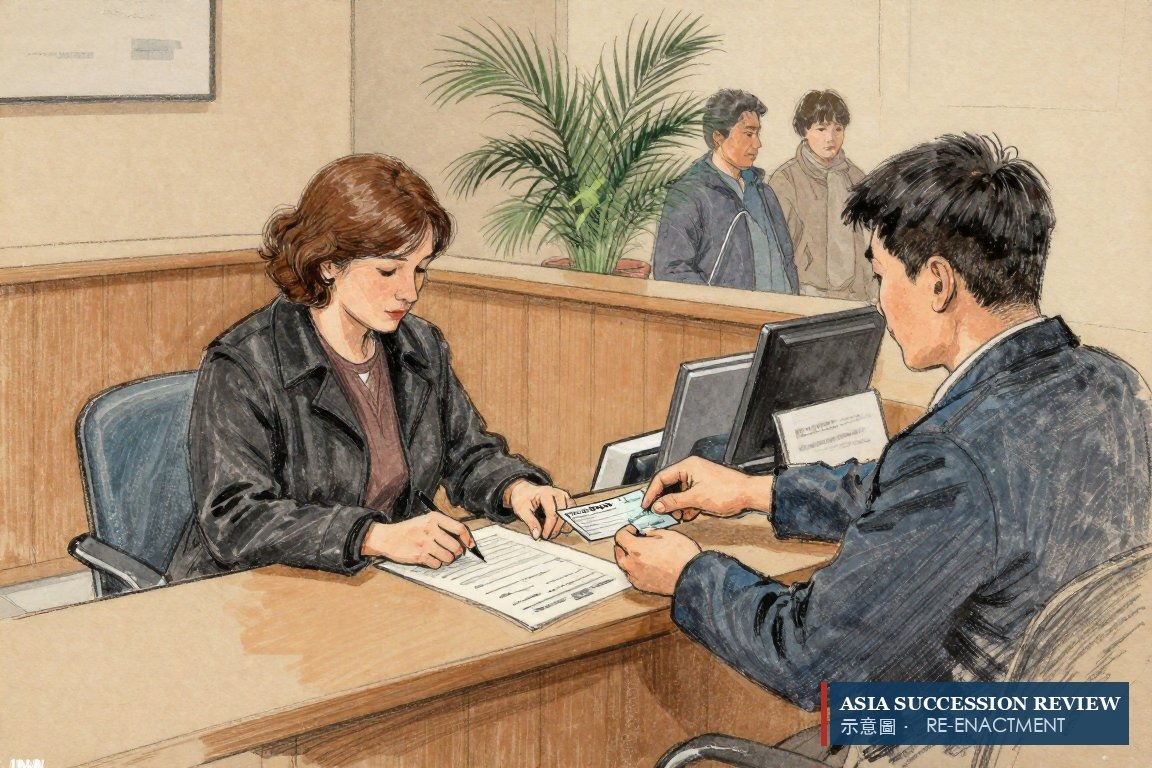 A widow exchanges a death certificate for a cheque at a claims counter — the one asset a death creates.