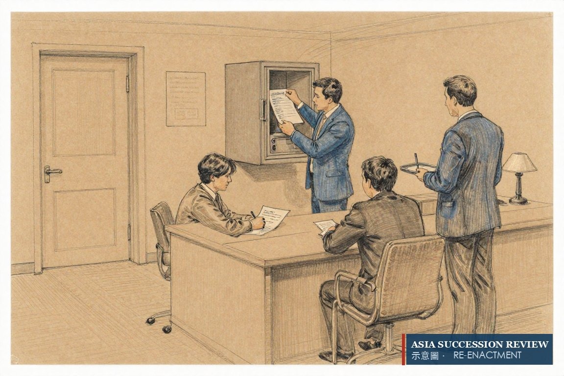 A banker locks a policy into a safe as the client signs — a loan secured on the policy.
