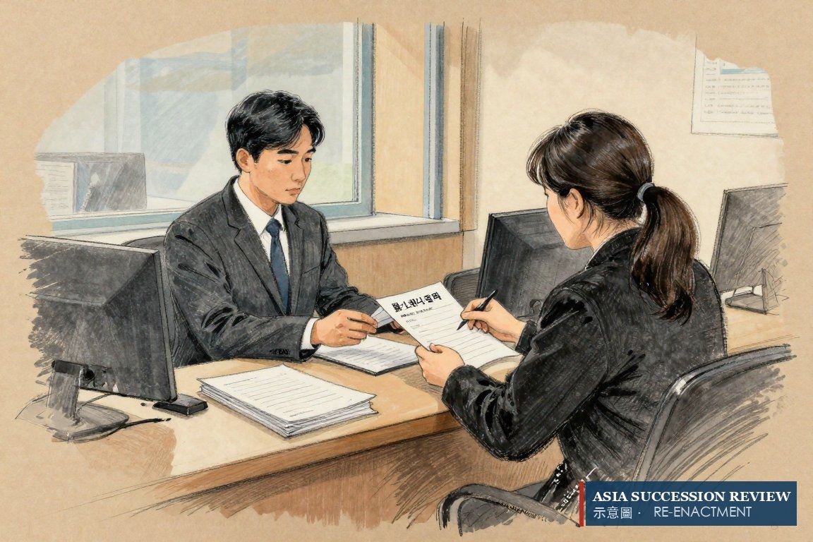 A widow at a tax counter — the family's home tax office decides whether the proceeds are estate.