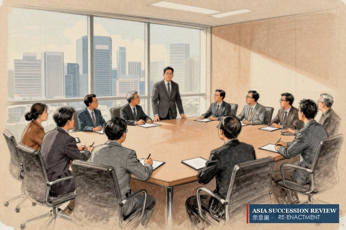 An executive addresses a boardroom past one closed policy folder — a US$300 million sum assured announced.