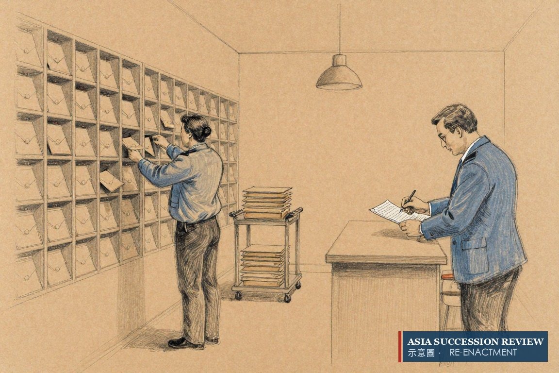 A clerk fills pigeonholes with identical envelopes — the circular to every authorised long-term insurer.