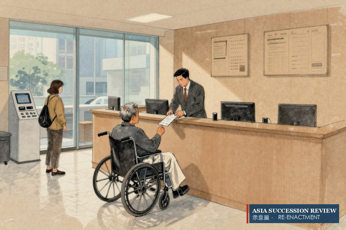 An elderly man waits as a single-premium receipt is carried to the counter — large, borrowed, bought late.