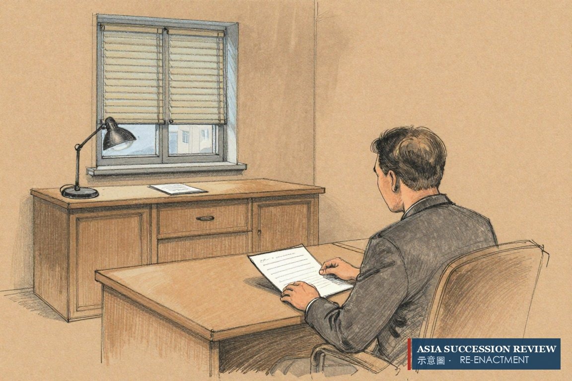 A lawyer turns a sheet face down on an empty table — a counterfactual, not regulated advice.