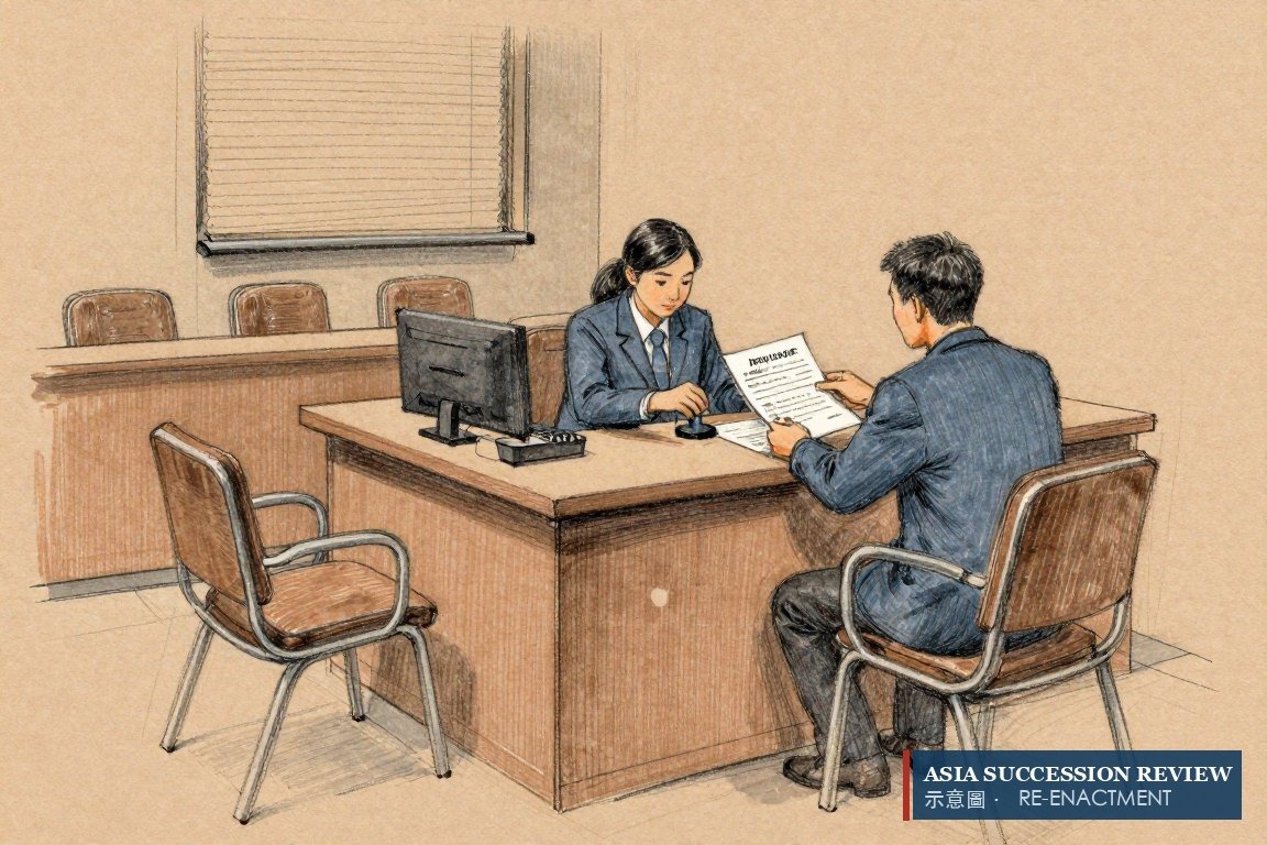 A bank officer lifts a policy off the surrender desk — premium-financed owners surrender when the loan ends.