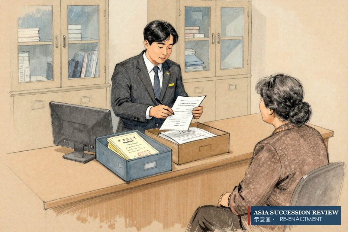 An assessor drops a policy into the estate inventory box — Korea deems the proceeds inherited property.