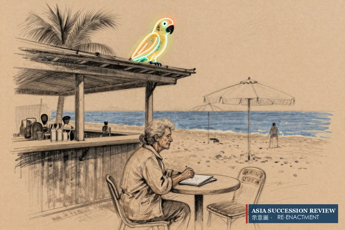 黄昏中，一位遗孀独坐海滩酒吧霓虹灯下：信托已陷入诉讼第十六个月。