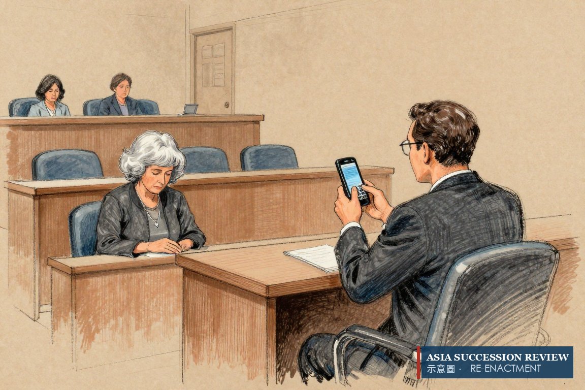 律师在法庭上举起手机：遗孀发给长女关于'7500万'的短信被提交为证据。