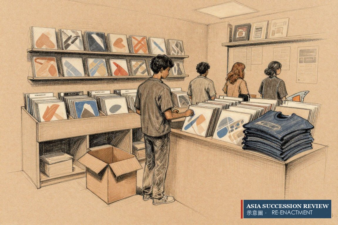 店員在補貨唱片封套與周邊商品：訴狀稱該封面被用於銷售專輯、流媒體和商品。