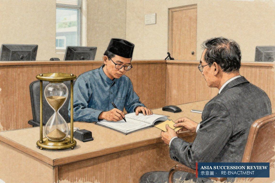 書記員桌上的沙漏在流，一個男人拿著信封等待：拖延每年要付5%。