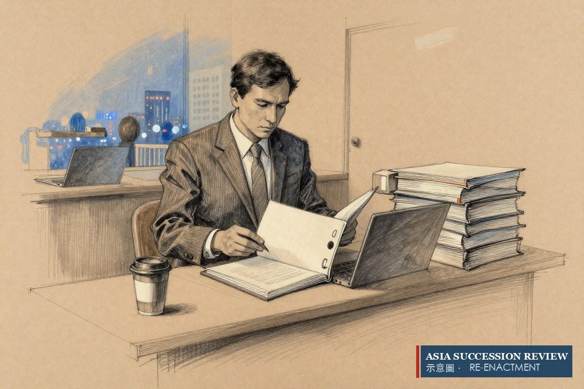 A lawyer compares a thin set of estate accounts with a tall stack of files.