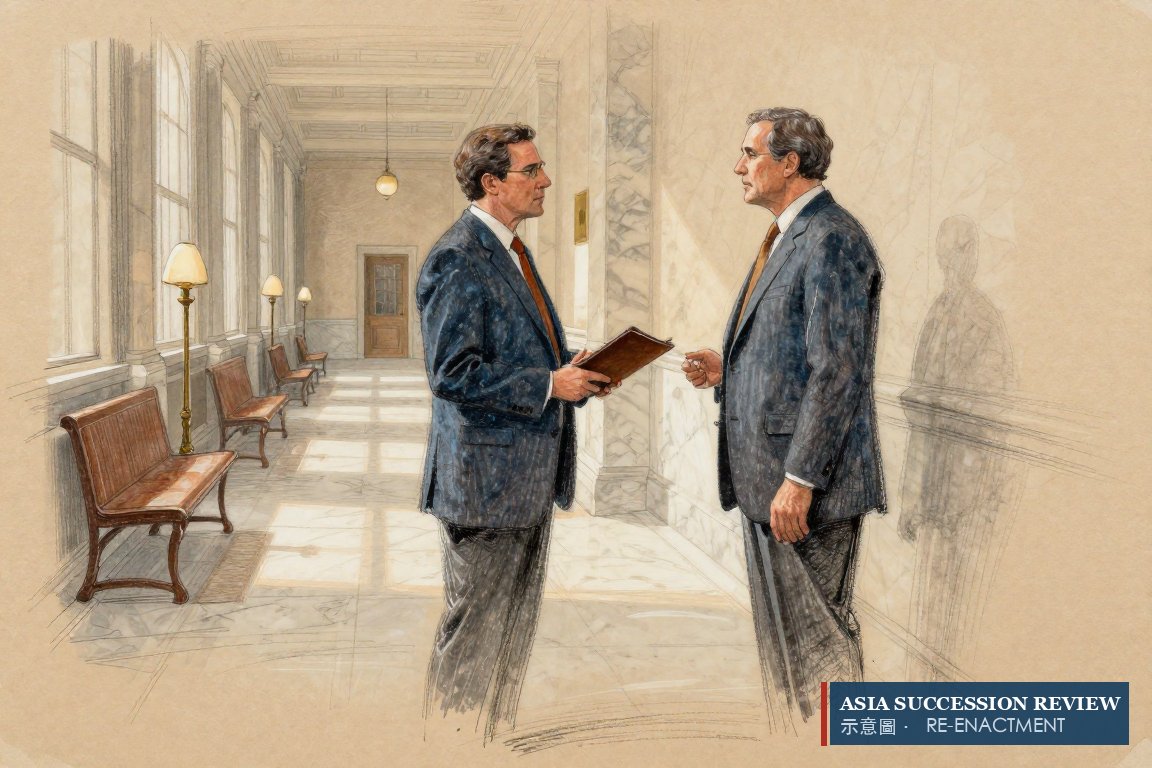 Two estate representatives confer in a courthouse corridor.