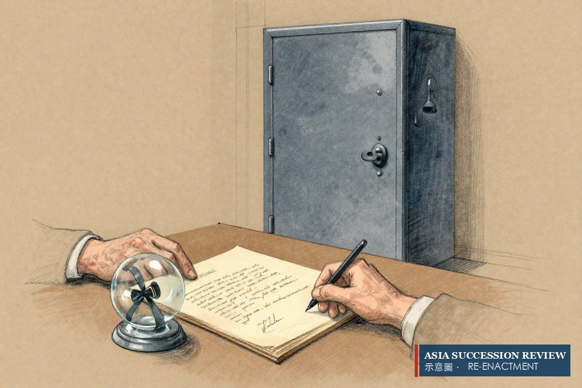 An old sealed deed pinned under glass before a shut strongroom door — an irrevocable trust with no lawful door.