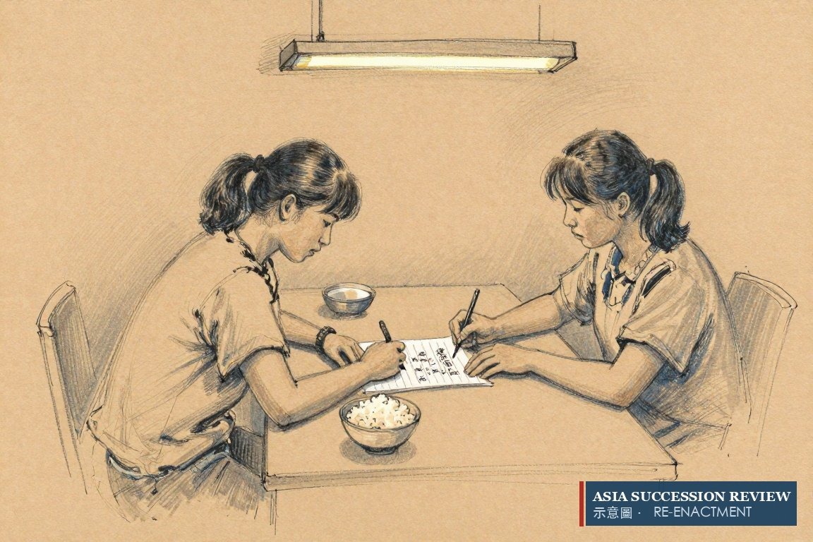 她在餐桌上以中文自书四条遗嘱，没有律师在场。