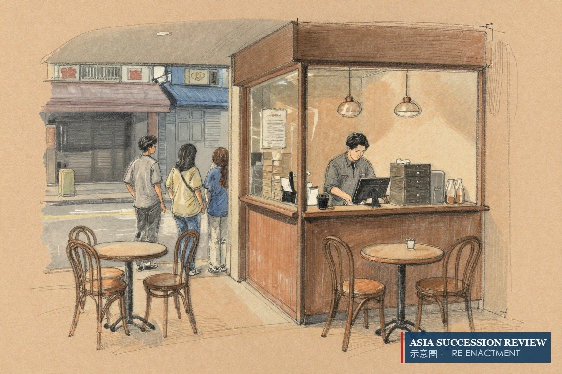 咖啡店经理在店内结账，三个身影各自站在店外——一名承租人，三名继承人。