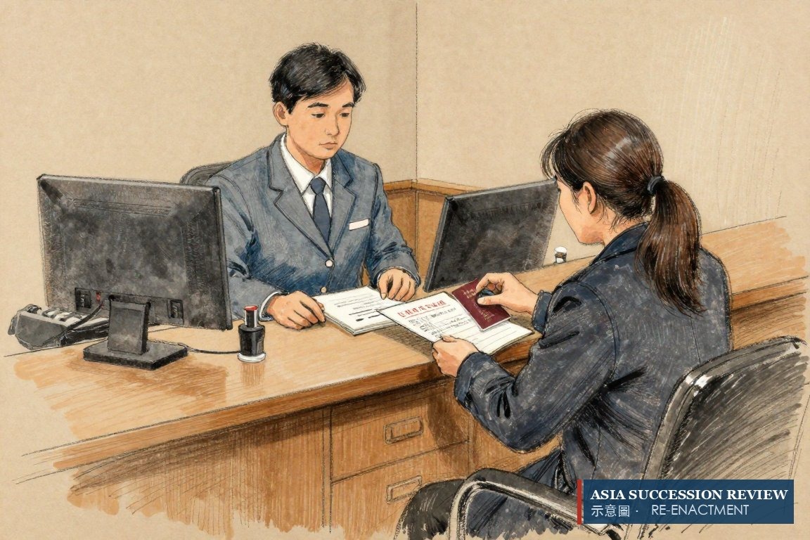 遗孀把护照推过地政事务所柜台——2021年6月以继承人身份登记。