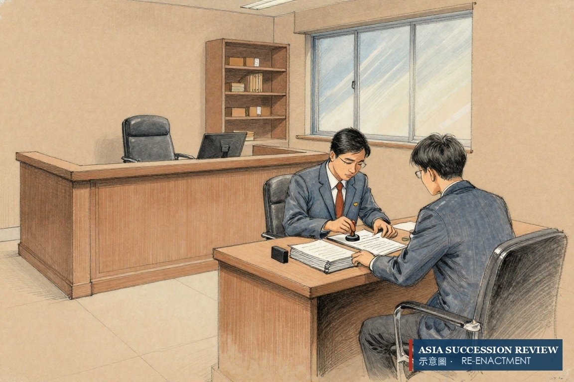 书记员在一张空椅旁封存执行名义——2023年4月14日核发，效期至2048年。